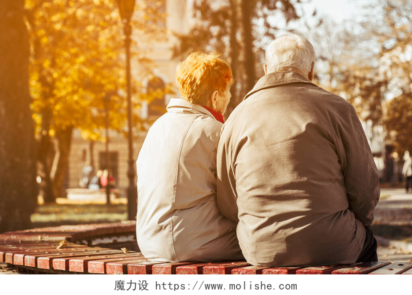 黄昏时分坐在公园长椅上的老年夫妇美丽的波瑞特老夫妇坐在秋天.